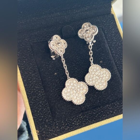 Silver Plated Lucky Alhambra Clover Drop Earrings with Crystal accents w… - Picture 5 of 10